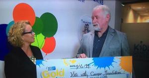The $600,000 cheque presentation to Leanne Warner as the CEO of the Sydney Children’s Hospital Foundation during their Gold Week Telethon.